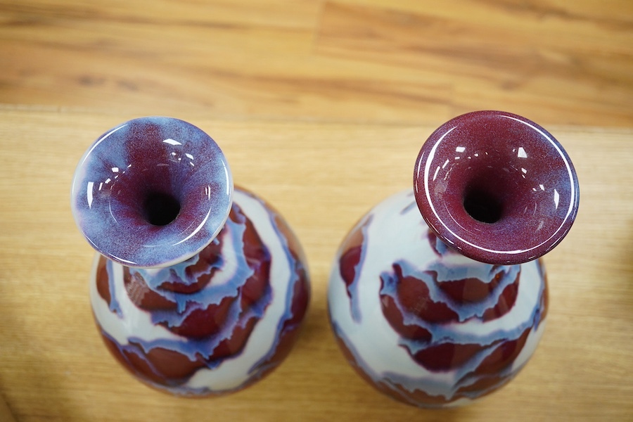 A pair of Chinese flambé pear shaped vases, 36cm. Condition - good, feint crazing